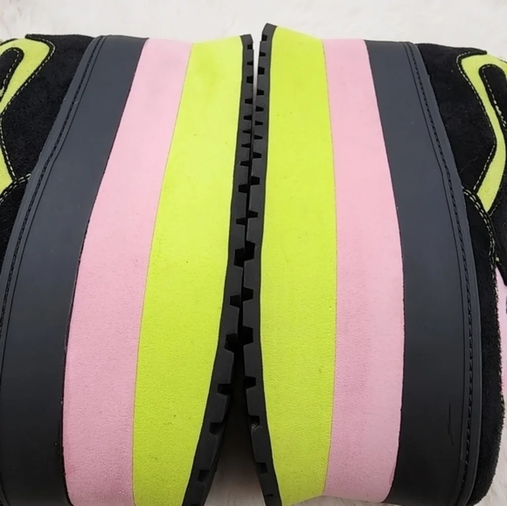 Y2K horoscope 90s HUGE neon chunky platform heel in pink green and black, velvet